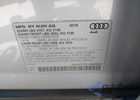 2018 Audi Q3 2.0T Premium/2.0T Sport Premium из США, поврежденный, VIN WA1BCCFS1JR030058